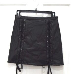 Honey Punch Black faux short zipper, decorative ribbon ties leather skirt size S
